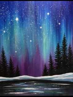 an acrylic painting of the night sky with stars and aurora bores in the background