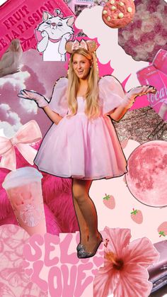 a collage of pink and white items including a girl in a dress, umbrellas, cupcakes and other things