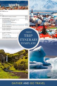 the iceland trip itinerary template is shown in blue, green and white colors