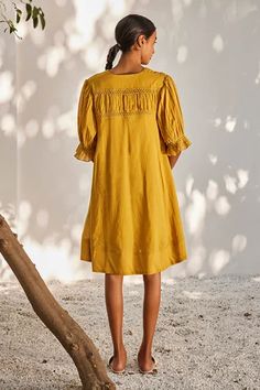 Shop for Kharakapas Yellow Mulmul Cotton Warm Afternoon Puffed Sleeve Short Dress for Women Online at Aza Fashions Resort Party, Short Dress For Women, Dress With Puffed Sleeves, Mustard Dressing, Yellow Fabric, Puffy Sleeves, Puffed Sleeves, Dress For Women, Yellow Dress