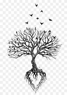 a tree with roots and birds flying around it, transparent background png clipart