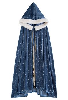 a blue cloak with white stars on it and a fur lined hoodie over the top