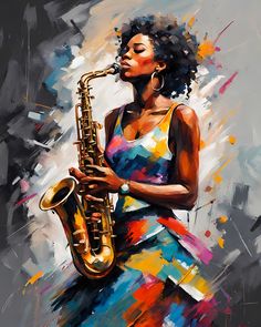 a painting of a woman holding a saxophone in her right hand and wearing a colorful dress