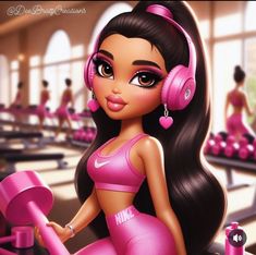 a barbie doll wearing headphones and pink dress in a gym with dumbbells