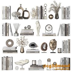 an assortment of books, vases and sculptures