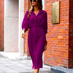 Elegant Batwing Three-Quarter-Sleeve Midi Dress With Collar And Button-Front! Pair With A Colorful Shoe Or Gold Belt For *Chefs Kiss* Purple Long Sleeve Midi Dress For Fall, Chic Purple Long Sleeve Midi Dress, Purple Fitted Collared Dress, Fitted Purple Collared Dress, Purple Midi Length Office Dresses, Purple Midi Office Dresses, Casual Purple Dress With Button Closure, Office Purple Midi Length Dresses, Formal Purple Dress With Buttons