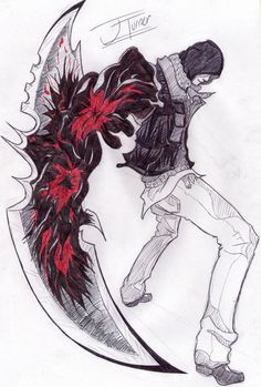 a drawing of a person holding a knife with red feathers on it's back