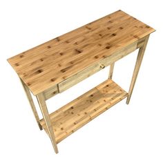 a wooden table with two shelves on each side