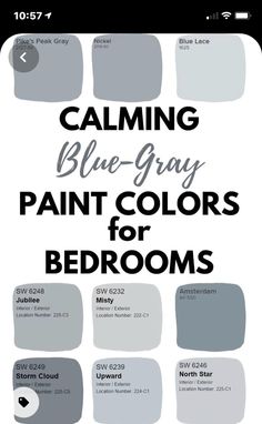 the color guide for calming blue gray paint colors for bedroom walls and floors, with text that