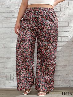 Ebeek - Womens Plus Size Bohemian Pants, Chic Ditsy Floral Print Elastic High Rise Wide Leg Trousers Spring Floral Print Ankle-length Bottoms, Floral Print Ankle-length Spring Bottoms, Ankle-length Floral Print Bottoms For Spring, Ankle-length Floral Print Spring Bottoms, Bohemian Floral Print Bottoms For Loungewear, Bohemian Floral Print Loungewear Bottoms, Floral Print Patterned Bottoms For Vacation, Floral Print Ankle-length Bottoms For Summer, Patterned Floral Print Bottoms For Vacation