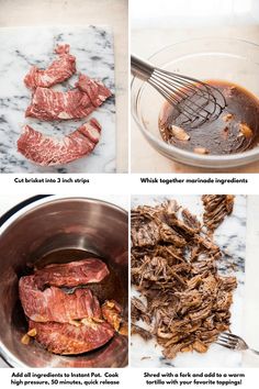 the steps to make beef stew are shown in three different pictures, including meat and seasoning