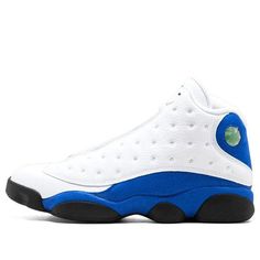 The Air Jordan 13 Retro 'Hyper Royal' is a true basketball sneakerhead's dream come true. Inspired by Quentin Richardson's 2010 Air Jordan 13 Player Exclusive colorway, this shoe features a white full-grain leather upper with Hyper Royal suede that wraps around the midsole and heel. It sits atop a black rubber outsole, providing optimal traction on the court. (SNKR) Air Jordans Retro 13, Jordan 13 French Blue, Air Jordan 13 Retro French Blue, Jordan Retro 13 Black, Jordan 13 Black Flint, Air Jordan 13 Retro, Jordan 13 Retro, Jordan 13, Black Rubber