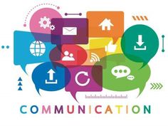 colorful speech bubbles with icons and arrows around them on a white background that says communication