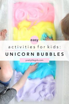 two children are playing with unicorn bubbles in a plastic container, and the text is easy activities for kids