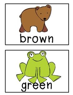 the words brown and green are in front of a bear, frog, and toad