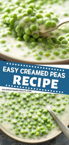 peas are being served in a creamy creamed pea soup with the title overlay