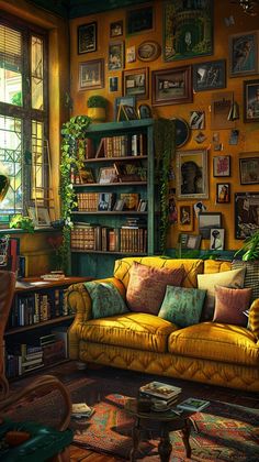 a living room filled with lots of furniture and bookshelves covered in pictures on the wall