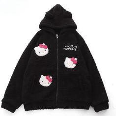 Black Kitty Embroidery Jacket KI448 This adorable Black Kitty Embroidery Jacket KI448 features a black kitty embroidery design that adds a touch of cuteness to your outfit. Made of high-quality materials, it will keep you warm and stylish. Perfect for any cat lover, it's a must-have addition to your wardrobe. Cute Black Cotton Outerwear, Cute Black Outerwear For Streetwear, Cute Black Hooded Outerwear, Cute Black Winter Outerwear, Cute Black Outerwear For Winter, Trendy Black Embroidered Outerwear, Sanrio Jacket, Hello Kitty Jacket, Kitty Embroidery