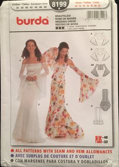 RARE Burda 2 Piece Wedding Gown/ Evening has bustier/corset top with bell sleeves and is off the shoulder.  The skirt is semi-fitted floor length and paneled with layered ruffle hem and optional train. It's like a relaxed flamenco style. This can be a Wedding gown, evening gown or even your Red Carpet look. And don't forget Prom. Pattern 8199 Misses Dress:  A.B. close fitting and C bottom skirt is semi fitted.   Sizes 10-12-14-16-18-20-22 See pics for size and measurement details Pattern is Partially Pre-cut to size 22 and no alterations to pattern. all pieces present, pressed, neatly folded, and return to it's original pack. Envelope is missing it's flap and has slight storage wear. Instructions in English, French, and Spanish Off Shoulder Corset Top, Wedding Gown Patterns, Gown Off Shoulder, Off Shoulder Corset, Scrubs Pattern, Wedding Evening Gown, Basque Waist, Trumpet Sleeves, Floral Coat