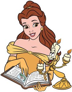 beauty and the beast character reading a book while holding a candle in her hand with an open book beside it