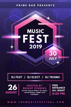 the music festival flyer is shown in purple and pink colors, with an abstract design