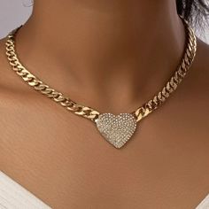 Brand New And Gorgeous 18k Gold Plated, Simulated Dimaonds Length: 17-19 Inch Gold Heart Pendant Chain Necklace For Party, Gold Heart Necklace With Gold Chain, Valentine's Day Heart Pendant Necklace With Gold Chain, Valentine's Day Gold Chain Heart Necklace, Valentine's Day Heart Necklace With Gold Chain, Gold Heart Charm Necklace For Party, Gold Heart Necklace With Heart Charm For Party, Gold Heart Chain Necklace For Wedding, Gold Heart-shaped Chain Necklace For Wedding