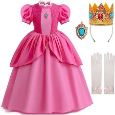 PRICES MAY VARY. 【Princess Dress Set】Packing list: Dress*1pcs, Crown hairband*1pcs,Rhinestone brooch*1pcs,Princess Gloves*1pair. 【Elegant Design】The princess costume features lace trim at neckline,bubble sleeve design,with a dark pink peplum and layers skirt to increase the fluffy feeling of the skirt,dress brooch embedded with blue gems,crown embedded with three sparkling gems,attached with gloves,100% restore to the iconic princess, makes your girls feel immersive with this pink princess dress Princess Ball Birthday Party, Disney Princess Dresses For Kids, Princess Costumes Kids, Pink Princess Dress Kids, Dresses For Princesses, Pink Dress For Kids, Princesa Peach Cosplay, Princess Dresses For Kids, Princess Peach Halloween