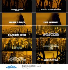 four different movie posters with the names of each film and their characters in yellow, black and white