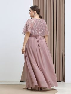 Plus Floral Embroidered Mesh Cape Overlay A-line Dress | SHEIN USA Dress Big Size Party, Dress For Big Size Woman, Plus Size Fashion For Women Indian, Braidsmaid Dresses, Simple Bridesmaid Dresses, Mother Of The Bride Gown, Party Frocks