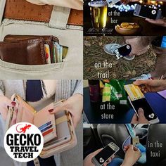 the collage shows different types of cell phones and wallets, with text reading gecko travel tech