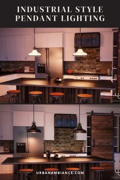 an industrial style kitchen is shown with stools and counter tops in the center, along with bar stools on either side