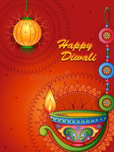 happy diwali greeting card with colorful lamps and decorations on red background royalty illustration