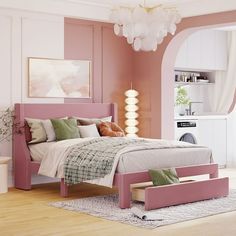 a bed room with a neatly made bed and pink walls