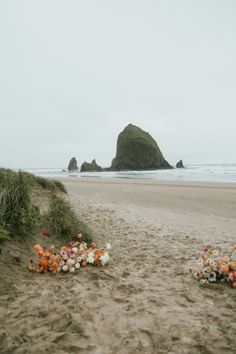 some flowers are laying on the sand by the water and rocks in the distance with an island in the background