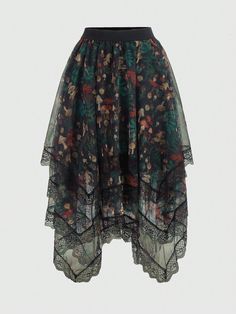 Mushroom Print Contrast Lace Asymmetrical Hem Mesh Skirt Multicolor Boho   Knitted Fabric Fruit&Vegetable Asymmetrical Medium Stretch  Women Clothing, size features are:Bust: ,Length: ,Sleeve Length: Gothic Mushroom, Plus Size Skirt, Mushroom Print, Heavy Industry, Irregular Hem, Plus Size Maxi, Mesh Skirt, Plus Size Skirts, Boho Casual