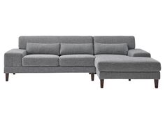 Grey modern sectional sofa with right-facing chaise, tufted cushions, and wooden legs. Comfort Chic, Modern Sectional Sofa, Furniture Canada, Grey Sectional Sofa, Patio Storage, Patio Bar Set, Modern Sofa Sectional, Patio Sectional, Comfy Sofa