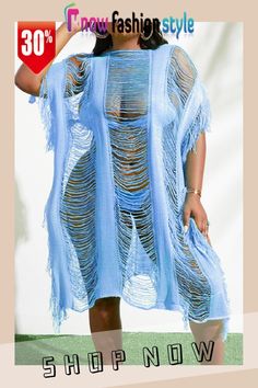 Sky Blue Fashion Sexy Patchwork Solid Tassel Hollowed Out Swimwears Cover Up Plus Size Dress Blue Cover-up For Summer Party, Blue Summer Party Cover-up, Blue Tassel Cover-up For Summer, Blue Beach Dress With Tassels, Blue Tassel Beach Cover-up, Blue Fringed Dress For Summer, Blue Fringe Dress For Summer, Sky Blue Fashion, White Fashion Casual