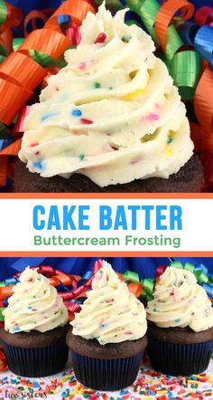 cake batter buttercream frosting on top of cupcakes