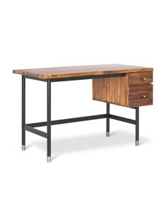 an office desk with two drawers and metal legs