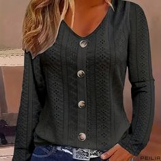 Peilia - Sophisticated Eyelet Solid Blouse with Casual Button Front, Elegant V Neckline, and Long Sleeves – Womens Fashion V-neck Tops With Back Button Closure For Fall, V-neck Top With Back Button Closure For Fall, Black V-neck Blouse With Buttons, Boho Pants, Black Women Fashion, Fabric Collars, V Neckline, Casual Blouse, Chic Design