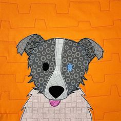 a painting of a border collie dog on an orange background with black and white dots