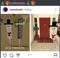 two screens showing the same house and door with christmas decorations on them, one has a snowman standing in front of it