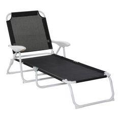 a black and white lawn chair with a reclining seat on the bottom half of it