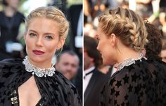 16 hairstyles to steal from Cannes 2015 - SIENNA MILLER The "American Sniper" actress looks stunning with a braided updo. Plait Updo, Plaited Updo, Braided Updo For Short Hair, 16 Hairstyles, 2018 Hair, Halo Braid, Wedding Hair Half, Plaits Hairstyles