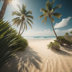 two palm trees on the beach near the ocean