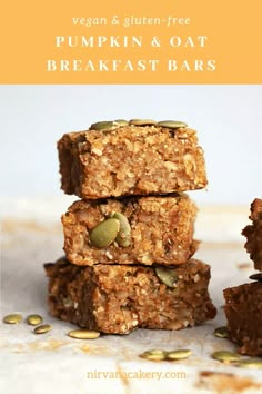 pumpkin and oat breakfast bars stacked on top of each other with text overlay