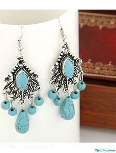 OrcaJump - Womens Turquoise Alloy Leaf Silver Blue Drop Dangle Earrings for Party, Casual, and Daily Wear Bohemian Turquoise Chandelier Earrings For Party, Turquoise Bohemian Chandelier Earrings For Party, Vintage Turquoise Earrings For Summer, Vintage Turquoise Earrings For Party, Turquoise Dangle Earrings For Party, Hanging Earrings, Drop Dangle Earrings, Earrings Drop, Earrings Dangle