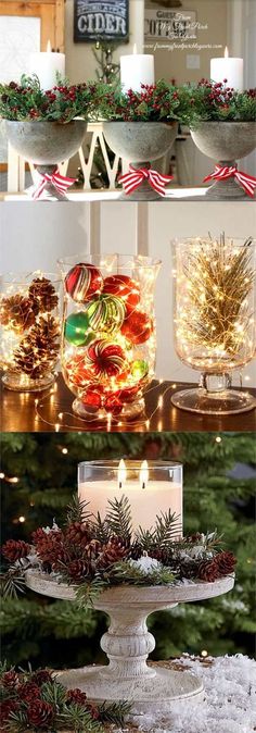 christmas decorations and candles are displayed on the table