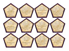 twelve hexagonals with the ten commandments written on them in gold ink