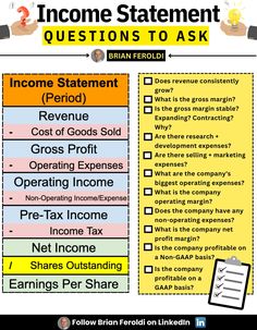 an info sheet with the words, income statement questions to ask